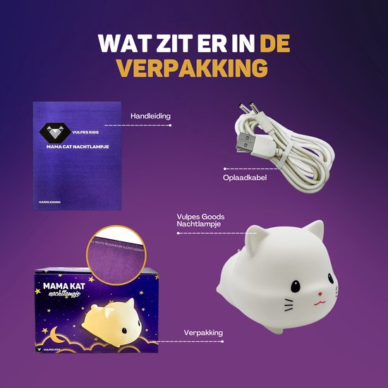 Vulpes Goods® Veilleuse pour enfants - Lumière LED et 8 couleurs - Veilleuse pour chambre de bébé - Chat - Rechargeable par USB - Variateur - Minuteur - Sans fil - Adapté aux enfants