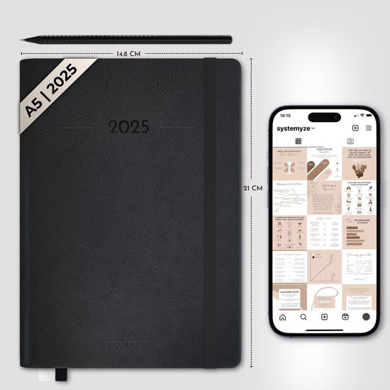 Systemyze Agenda 2025 Adultes - Calendrier hebdomadaire - Planificateur - Table horaire incluse - Format A5 - Noir