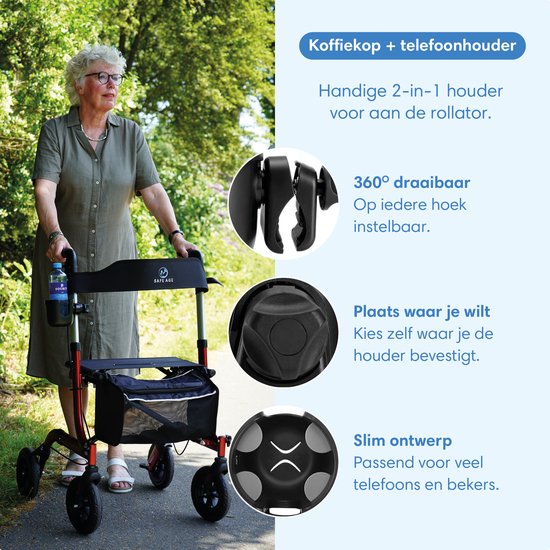 Safe Age® universal Cup Holder & Phone Holder - pour rollator, fauteuil roulant, landau et autres