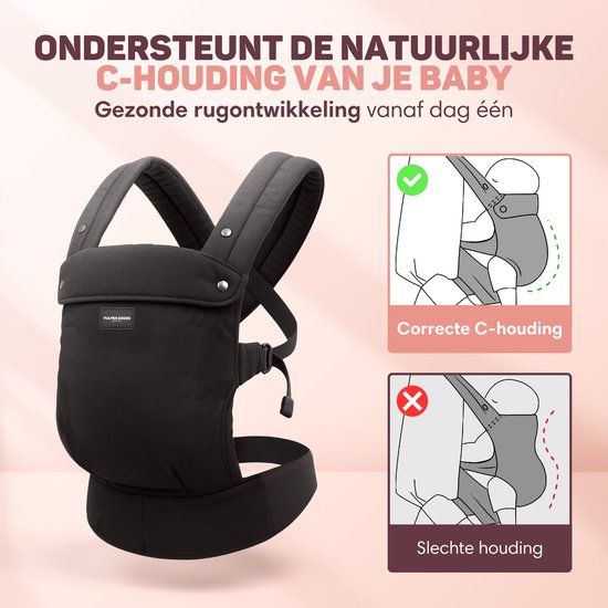 Vulpes Goods® BabyCare - Porte-bébé - Porte-bébé ergonomique 0-36 mois - Porte-bébé ventral de luxe jusqu'à 20 kg - Coton OEKO-TEX® - Confort mains libres - Avec support dorsal et position M - Noir