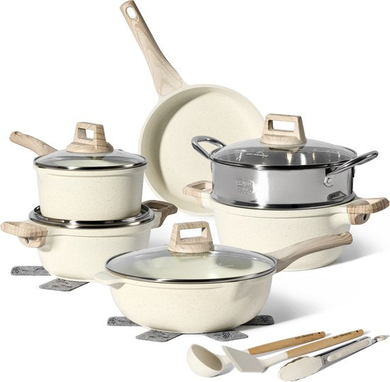 Just Perfecto 15 Piece Induction Cookware Set - Beige Cookware Set With Lid For Gas and Induction - PFAS free - Cold grips