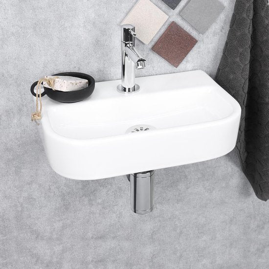 Differnz Fontaine ovale - Evier en pierre naturelle - Noir - Robinet droit - Chrome - Poignée standard - 38 x 24 x 8 cm
