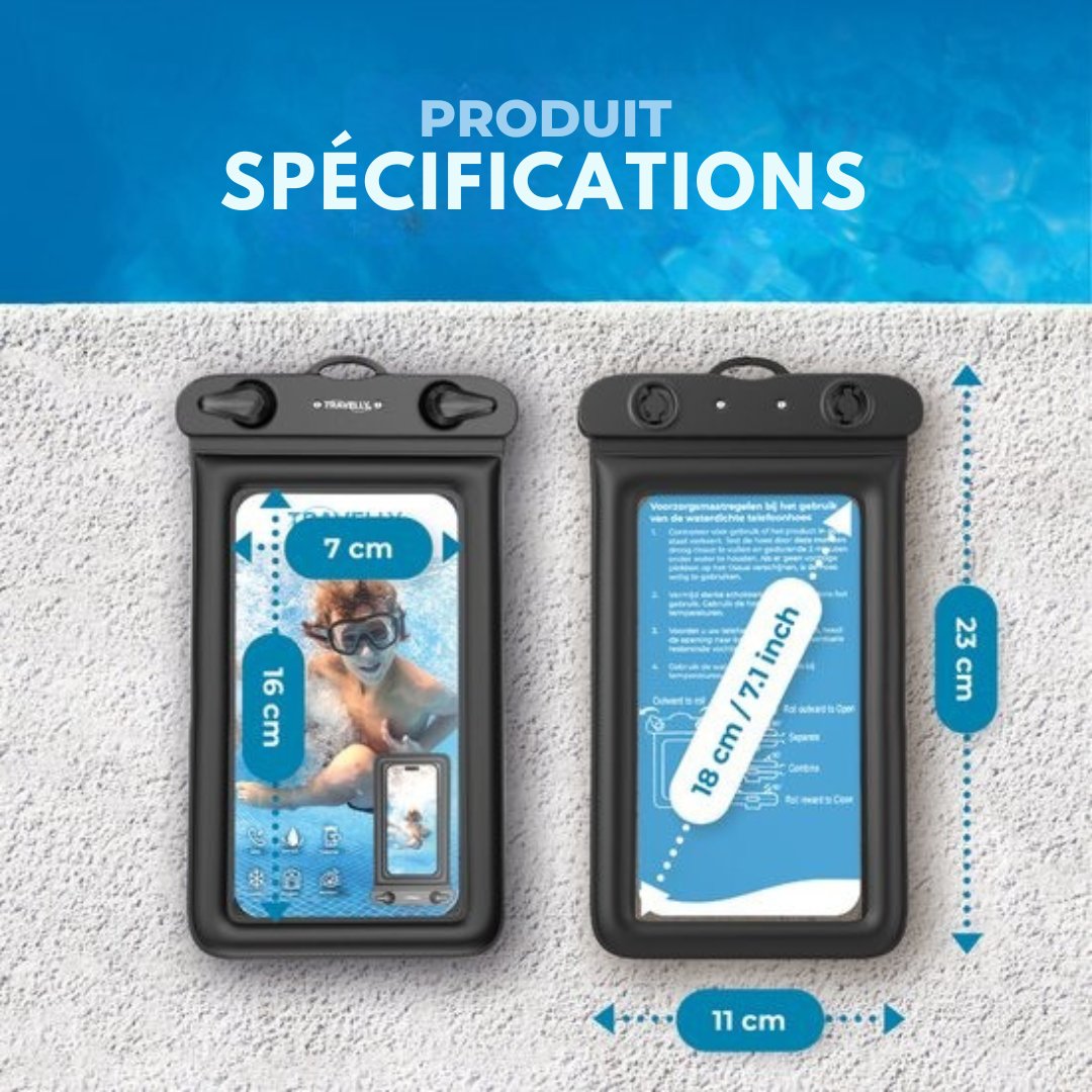 Étui étanche pour téléphone Travelly® - lot de 2 - Étui sous-marin universel pour smartphone - Convient à tous les téléphones - Pour les vacances, la natation et les sports nautiques - Noir/Noir