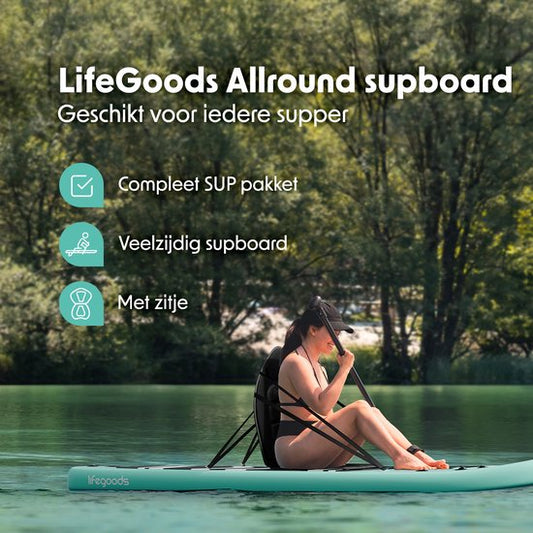 LifeGoods PaddlePro SUP Board - with Seat - Inflatable Paddle Board - Complete Set - Max. 135KG - 320x81cm - Vert pastel