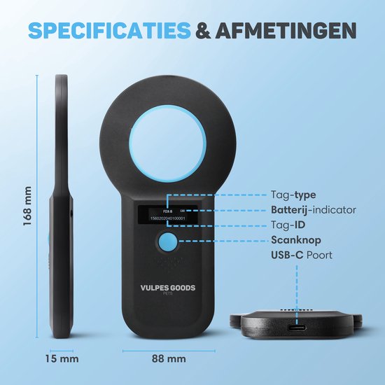 Vulpes Goods® Pets - Lecteur de puces - Lecteur de puces pour tous les animaux - Sac de transport inclus - ISO11784/85/FDX-B - Version PRO