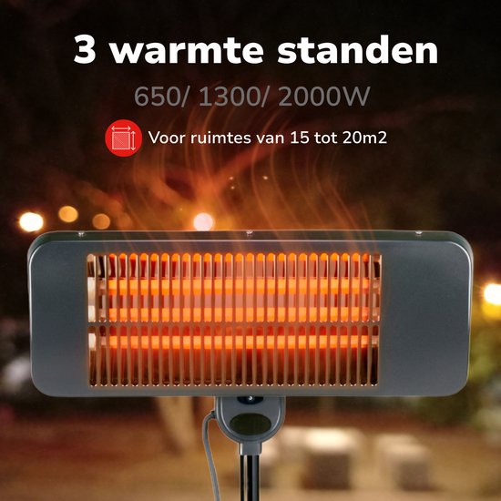 alpina Infrared Heater Stand - Terrace Heater 2000W 3 Heat Settings - Splashproof Terrace Heater IP24 with Infrared Panel