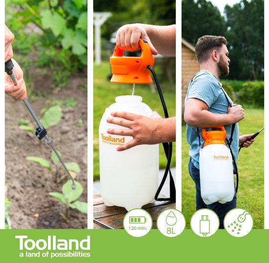 Toolland Pulvérisateur à pression, électrique, batterie rechargeable, lance télescopique, tête de pulvérisation réglable, bandoulière, 8 litres, blanc/orange/noir