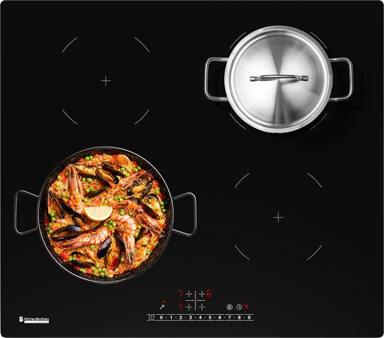 KitchenBrothers Table de cuisson à induction - Table de cuisson à induction encastrable - 60 cm - 4 zones - 1 et 2 phases - Jusqu'à 2400W - Noir