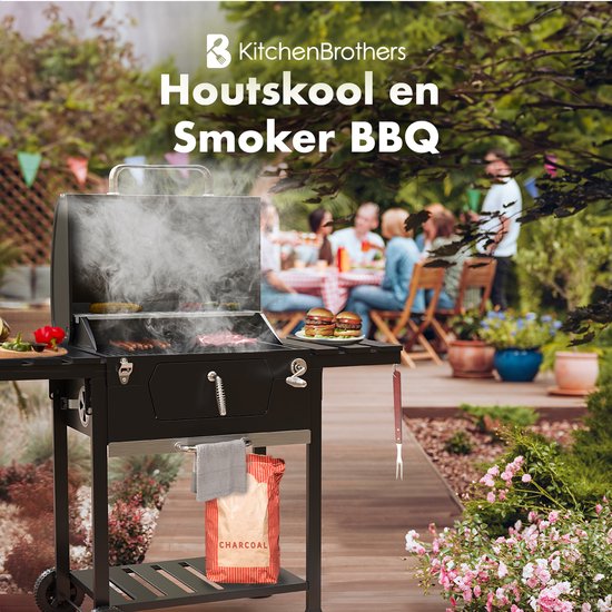 Barbecue charbon - KitchenBrothers - Gril et fumoir 2-en-1 - Surface de cuisson 42x57cm