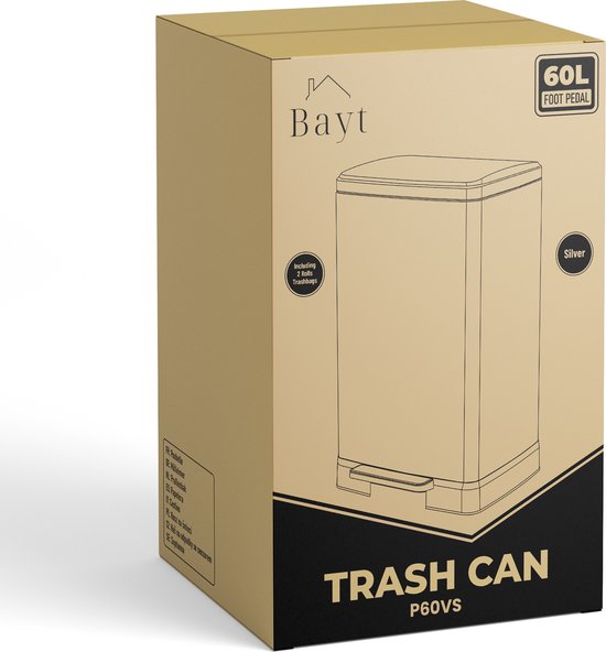 Bayt Poubelle - Poubelle 60 litres - Inclus 2 rouleaux de sacs poubelles - Poubelle 60 litres - Poubelle à pédale 60 litres - Poubelle - inox - Silver