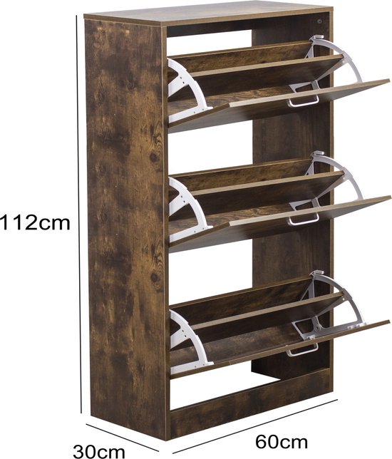 Meuble à chaussures - étagère à chaussures - 3 compartiments avec portes à rabat - couleur noyer brun foncé