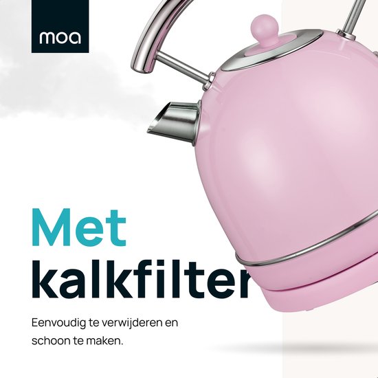 MOA Kettle Retro - 1,8 litre - Bouilloire électrique - Filtre anti-calcaire - sans BPA - acier inoxydable - 2200W - rose pastel