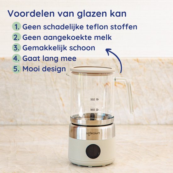 Safecourt Kitchen Glass Milk Frother - Mousseur à lait électrique - Cruche en verre & sans PFAS - Lavable au lave-vaisselle - Beige
