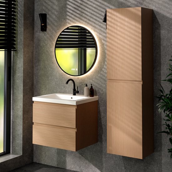 Mirlux Meuble de salle de bains Chêne clair 60 cm - Lavabo Blanc - Ensemble de meubles de salle de bains - Meuble lavabo Chêne clair