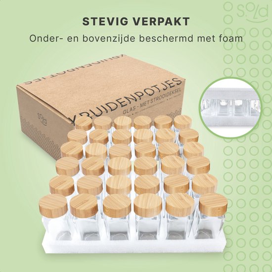 S.old - 36 pots à épices en verre carrés avec couvercle en bambou - Diffuseur d'épices - Set complet avec couvercles à saupoudrer, autocollants préimprimés et entonnoir - Capacité 120 ml - 10,5 x 4,3 cm