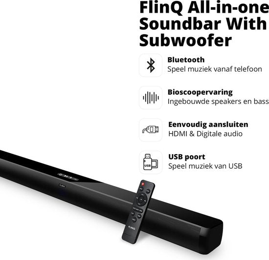 FlinQ Bluetooth Soundbar avec Subwoofer intégré - Barres de son pour TV - tout en un - Son surround 3D - Avec télécommande - Mode Film/Musique/Nouvelles - Noir