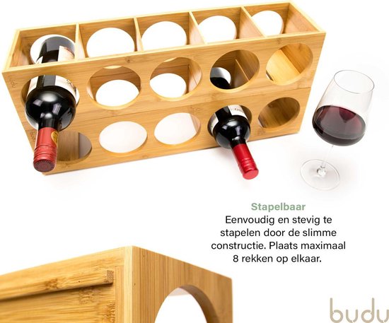 Budu Porte-bouteilles en bambou 5 bouteilles - Porte-bouteilles en bois - Empilable - Extensible - Porte-bouteilles en bois - Porte-bouteilles en bambou - Porte-bouteilles vertical - Porte-bouteilles de vin