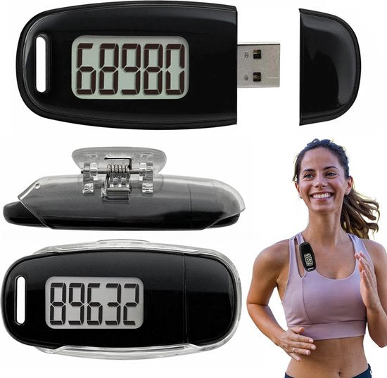 Garpex® Podomètre avec clip et cordon de transport - Chargement USB - Traceur d'activité - Podomètre - Grand écran - Poche - Noir