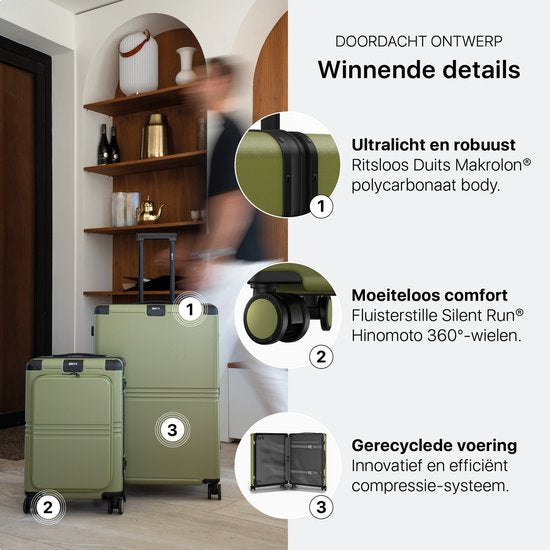 ONYX Hybrid Pro Check-in Suitcase Medium 70 Litres - Polycarbonate recyclé et design sans fermeture éclair - Valise de voyage avec serrure TSA et roues pivotantes - Trolley léger avec compartiment pour ordinateur portable - Vert olive