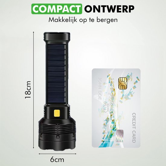 Travelhawk Flashlight - Lampe de poche Led - Lampe de poche militaire - Lampe de poche à batterie - 1000 Lumens - Panneau solaire - Étanche - Noir