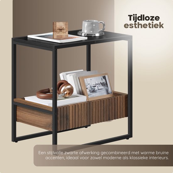 O'DADDY® Side Table - Table carrée - Avec tiroir réglable - Table d'appoint - Table basse - Table de chevet - 55x35x55 cm - Métal noir/bois brun