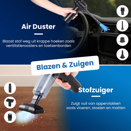 CarMe Aspirateur de voiture 2-en-1 - Aspiration et soufflage - Dépoussiéreur - 7 accessoires - Rechargeable - Aspirateur à main - Airduster - Noir