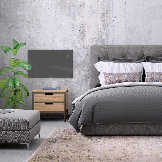 Chauffage électrique - VONROC - Convecteur avec panneau en verre - 1000W/2000W - Chauffe les pièces jusqu'à 24m2 - Contrôlé par l'application (via Wifi) et manuellement - Thermostat et minuterie réglables - Gris