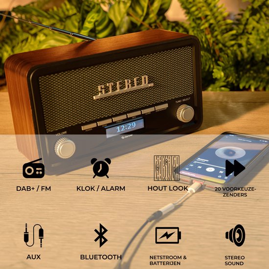 Denver DAB Radio - Retro Radio - Bluetooth - DAB+/ FM - Dimmable - Batteries & secteur - DAB18