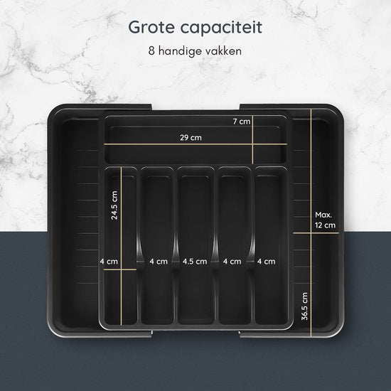 Deleca Range-couverts coulissant avec 8 compartiments - Range-couverts pour tiroir - Range-couverts pour tiroir de cuisine - Porte-couverts pour la cuisine - 57 x 38 cm - Plastique / Noir
