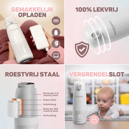 Vulpes Goods® BabyCare - Thermos Bottle Warmer On the Go - 500ML - Chauffe-biberons - Acier inoxydable - 6400 mAh - 500ML - Rechargeable - Sans fil et portable - Pour tous les types de biberons - avec rétention de chaleur - Alimentation pour bébés - PRO V