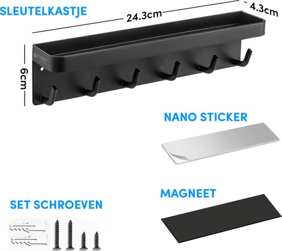 Happy Goods® - Porte-clés - porte-clés - autocollant, magnétique et vis - acier inoxydable - Noir