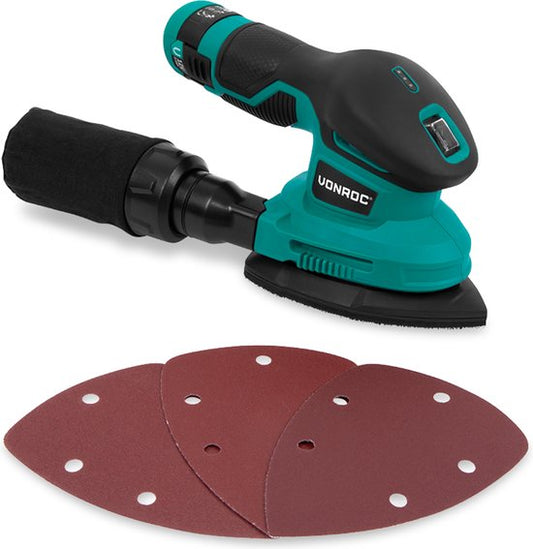 VONROC Ponceuse à batterie 12V - Batterie, câble usb-c et papier de verre inclus
