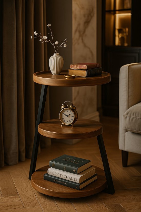 Table d'appoint moderne - 3 couches - Marron - Ø40 cm - Design industriel - MDF - Métal noir