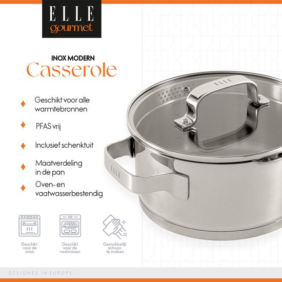 ELLE Gourmet Plaque de cuisson moderne en acier inoxydable avec couvercle - Ø 24 cm - Marmite - Sans PFAS - Induction