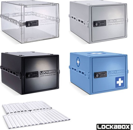 Lockabox One™ Boîte de rangement avec serrure à chiffres - Armoire à pharmacie verrouillable - Coffre-fort en polycarbonate - Résistant au réfrigérateur et au congélateur - 10,5 litres - 31 x 21 x 17 cm.