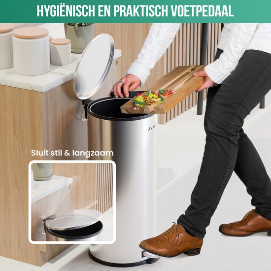 Avalo Pedal Bin Trash 30L - Stainless Steel Silver - Soft Close - Pedal Bin 30 Liter - Trash 30 Liter