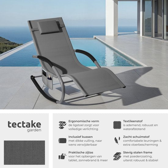 tectake® Lounger Taya - Chaise longue ergonomique pour le jardin, la terrasse, le balcon - Fauteuil de relaxation avec fonction de balancement - Chaise de jardin avec accoudoirs confortables, appui-tête et compartiment de rangement - Résistant aux intempé