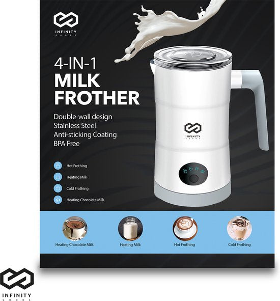 Infinity Goods Mousseur à lait électrique 4 en 1 - 350 ml - Mousse et chauffe - Cappuccino - Lavable au lave-vaisselle - Blanc