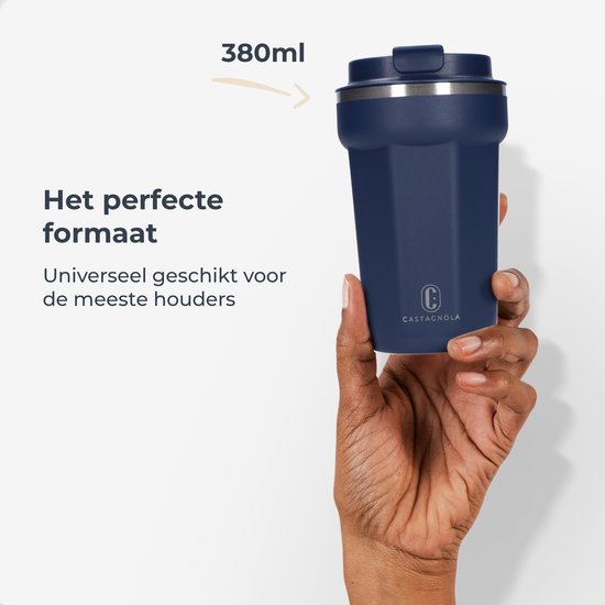 Mug thermos Castagnola - Tasse à café à emporter - Mug de voyage pour le café et le thé - Mug à thé - 380 ML - Acier inoxydable - Bleu foncé - Octogone
