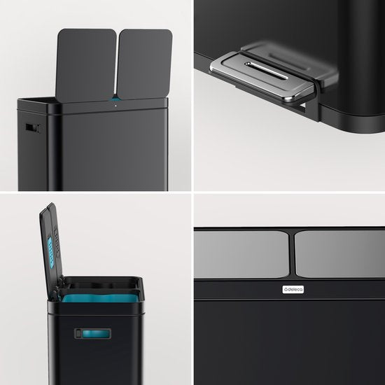 Deleca Recycle Bin with 2 Compartments - 60 Litres (2x30) Waste Bin - Waste Separation / Deposit Container / Pedal Bin - Garbage Bin with FreshAura Odour Control - Slow Close - Stainless Steel Black