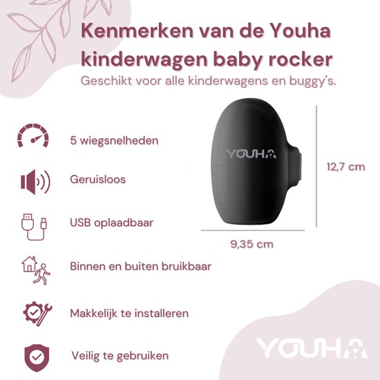 Youha Baby Rocker - Berce automatiquement votre landau ou poussette - Bascule mains libres - Berceuse pour landau - Aide au sommeil de bébé - 5 modes de berceau - Pochette de rangement et câble de chargement inclus - couleur : noir