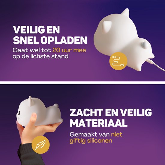 Vulpes Goods® Veilleuse pour enfants - Lumière LED et 8 couleurs - Veilleuse pour chambre de bébé - Chat - Rechargeable par USB - Variateur - Minuteur - Sans fil - Adapté aux enfants