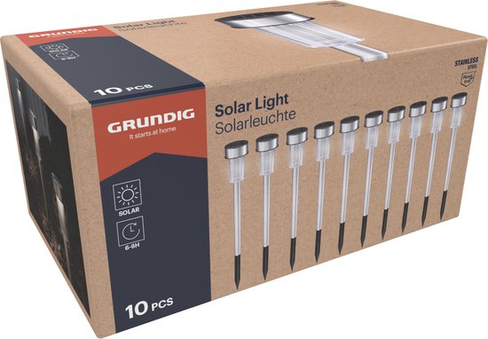 Grundig Solar Garden Lights - Torches de jardin 10 Pieces - Solar Power Prick Spot - Lanternes de jardin avec lumière blanche - IP44 Water Resistant - Battery Life 6-8 Hours - Ø4,8 x 36,5 cm - Acier inoxydable