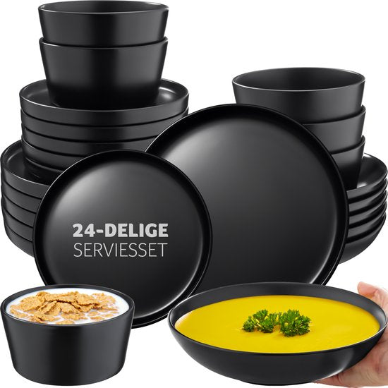 tectake® Service de table Una - 24 pièces - Faïence 6 personnes - Elégant, durable et idéal pour un usage quotidien ou des occasions festives - Grandes et petites assiettes, bols/plats - noir mat