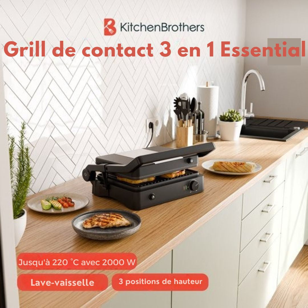 Appareil à griller KitchenBrothers - Plaques de gril amovibles - Gril à panini - 3 réglages de hauteur - Fer à toasti - 2000W - Noir