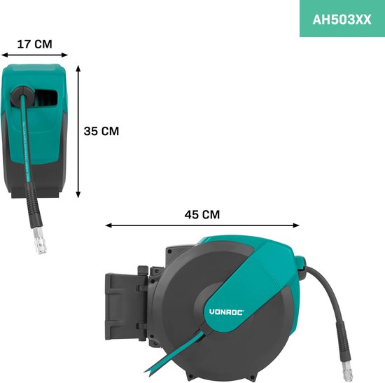 VONROC PRO Enrouleur automatique de tuyau d'air - Enrouleur d'air - Avec tuyau d'air de 15 mètres, tuyau d'alimentation de 1 mètre et kit de montage mural - 17 bar/250 PSI - Raccord universel EURO/DIN 7,2mm