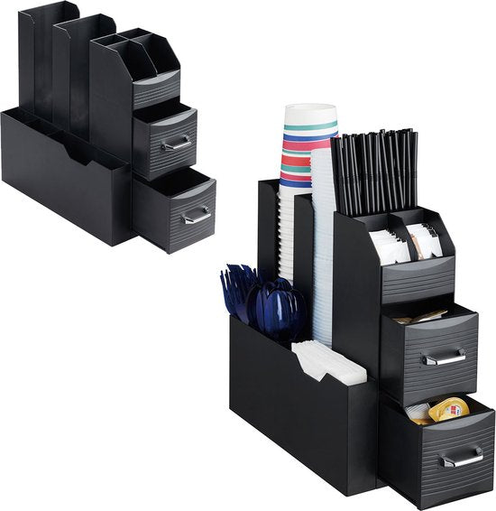 BRASQ Organisateur de café et de thé noir - Organisateur de cuisine peu encombrant avec 9 compartiments et 2 tiroirs - Station café