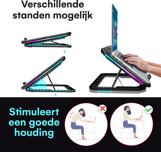 TTD® Premium Laptop Cooler and Adjustable Laptop Raiser - Support pour ordinateur portable réglable - Vitesse de rotation jusqu'à plus de 2400 RPM - Cooling Pad pour ordinateur portable de jeu - Jusqu'à 17 pouces - Port USB supplémentaire - Noir