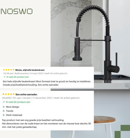 Noswo Mélangeur de cuisine avec bec extractible - Mélangeur de cuisine - Douchette - Extractible - Flexible - Noir