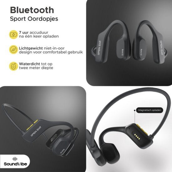 Soundvibe® Bone Conduction Headphone Black - Casque de sport - Ecouteurs de sport - Ecouteurs sans fil - Résistant à l'eau - Carte mémoire interne de 8 Go - Casque de sport - Pour tous les téléphones et ordinateurs portables - Ecouteurs de course - Ecoute